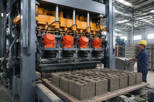 Close-up of automatic block making machine with four vibration motors