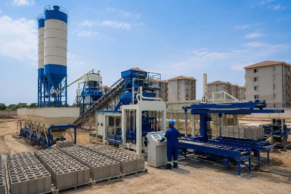affordable housing block production line Turnkey block production line including cement silos, batching machine, mixer, and stacker at a government housing project site