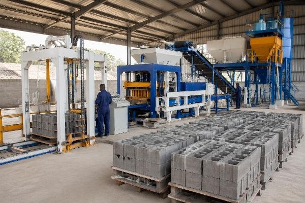 A fully automatic QMJ4-30 block production line installed in a Nairobi factory with automatic pallet loader and batching system