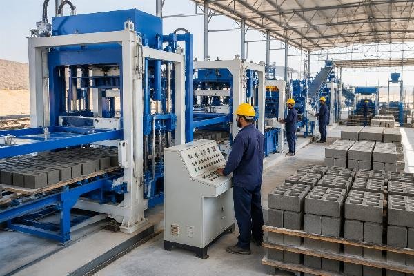 Block machine production line with multiple units installed for large-scale housing project