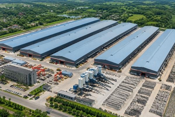 automatic block production line manufacturer China factory scale Factory aerial view showing 46000 square meter production facility with six workshops