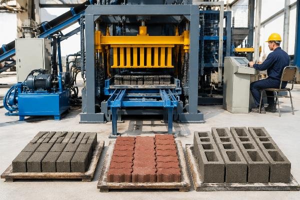 automatic brick machine FOB price multi-mold configuration Three-mold configuration display showing standard block, paving brick, and hollow block samples
