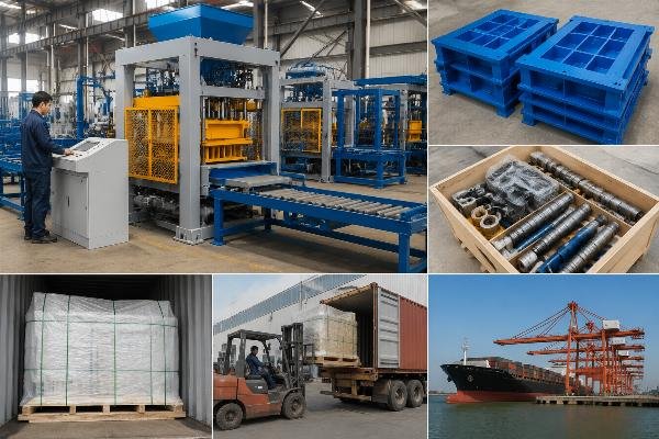 automatic brick machine FOB price transparent cost breakdown FOB cost breakdown infographic showing machine, molds, spare parts, packaging, and port fees