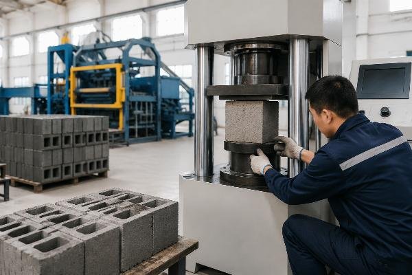 block compressive strength testing ASTM C90 EN 771 compliance Chinese block machine manufacturer Laboratory compressive strength testing of concrete blocks produced by Chinese block machine