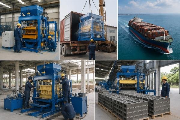 block machine commissioning timeline factory to first sale under 60 days Commissioning timeline chart showing factory testing, container loading, sea freight, on-site assembly, and trial production phases