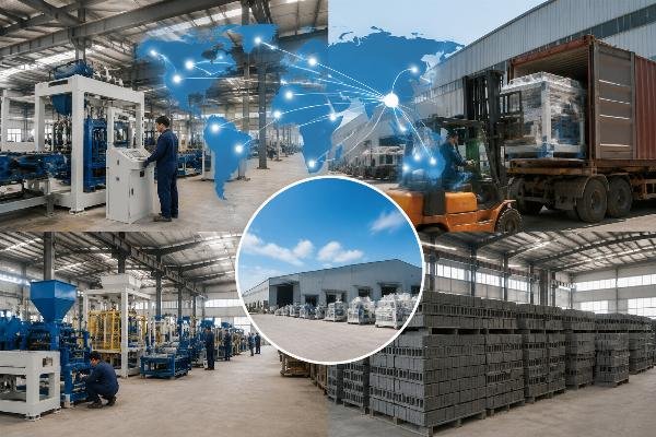 block machine distribution business centralized warehouse model Multi-country block machine distribution network map showing centralized warehouse and regional delivery routes