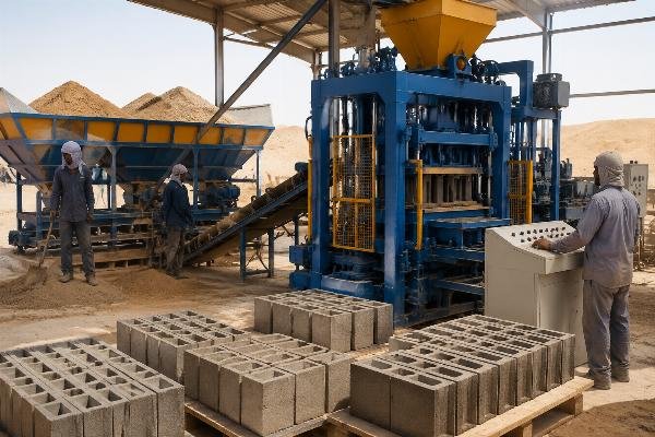 Desert sand block production with calibrated batching system showing material ratio testing