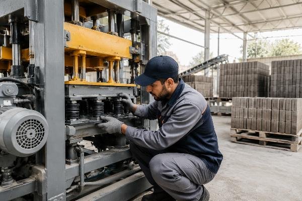 block machine North Africa after-sales service spare parts support After-sales technician performing maintenance on block machine vibration system