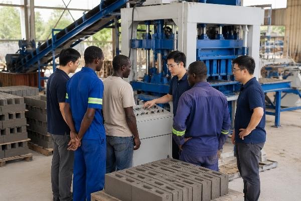 block machine ROI calculation Africa Chinese engineering team conducting on-site commissioning and operator training at an African block production facility