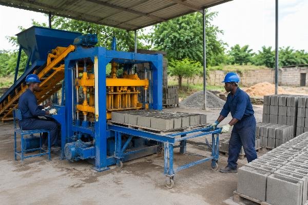 block making machine for affordable housing concrete block production line supplier Semi-automatic QTJ4-26 block making machine installed at a Nigerian block production yard