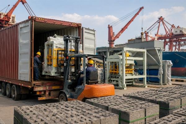 block production line FOB Qingdao container loading Container loading of block machines and supporting equipment at Qingdao Port for multi-country distribution