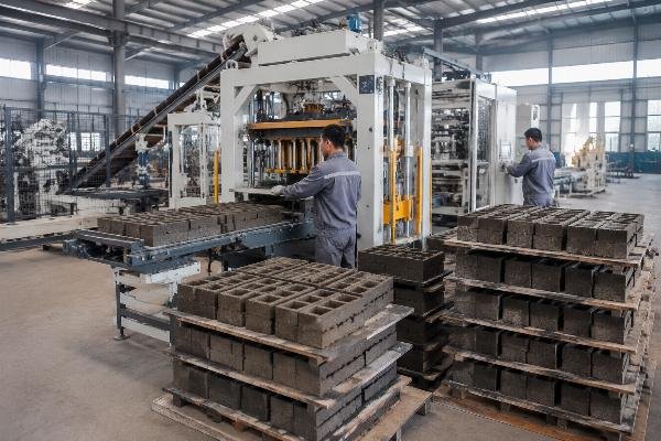 China block machine manufacturer factory scale quality control Shandong Shiyue Intelligent Machinery factory floor showing block machine assembly and quality testing area