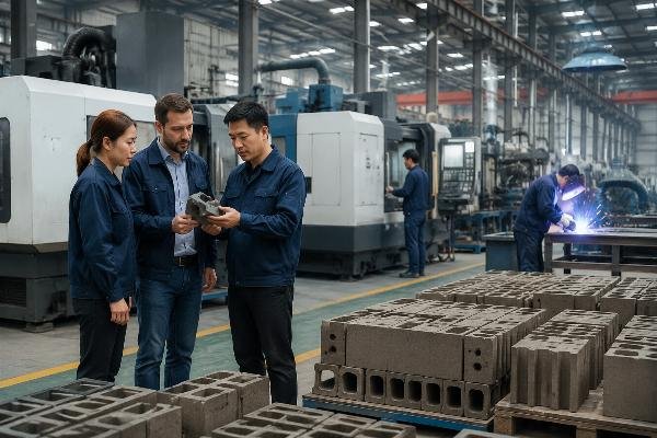 Chinese block machine manufacturer factory audit European design components Factory workshop showing CNC machining and welding production lines