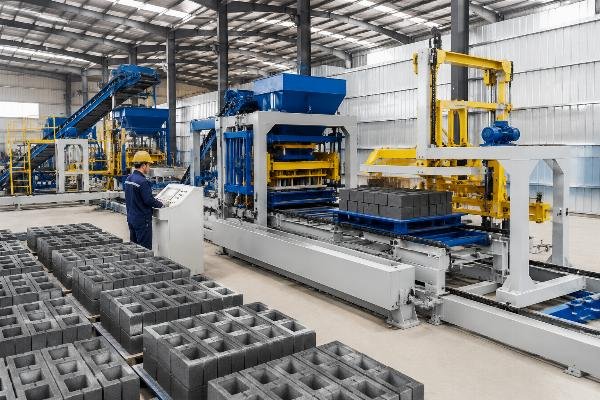 Chinese block machine manufacturer turnkey production line Concrete block production line with automatic pallet loader and stacking system in a modern factory