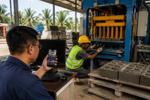 Chinese block machine supplier FOB remote after-sales support Pacific Islands Technician on a video call guiding a local operator through block machine troubleshooting via smartphone