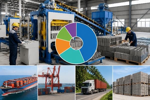 Chinese block machine supplier FOB total landed cost breakdown Pacific Islands Cost breakdown infographic showing machine price, ocean freight, port charges, inland transport, and spare parts as percentages of total landed cost