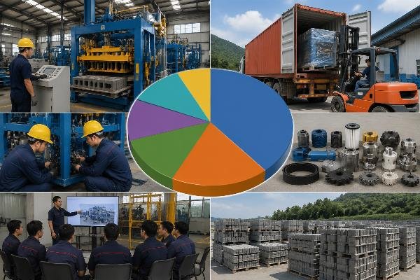 A cost breakdown pie chart showing machine price, shipping, installation, spare parts, working capital, and training as proportions of total first-year investment