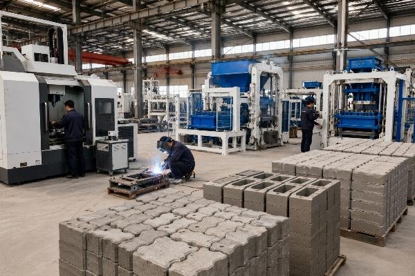 Chinese interlocking block making machine factory manufacturing Chinese block machine factory floor showing CNC machining and welding workshops