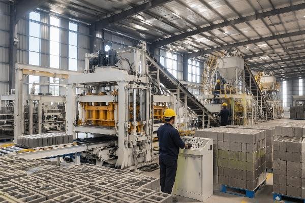 Factory floor of a concrete block machine manufacturer with large-scale production facility