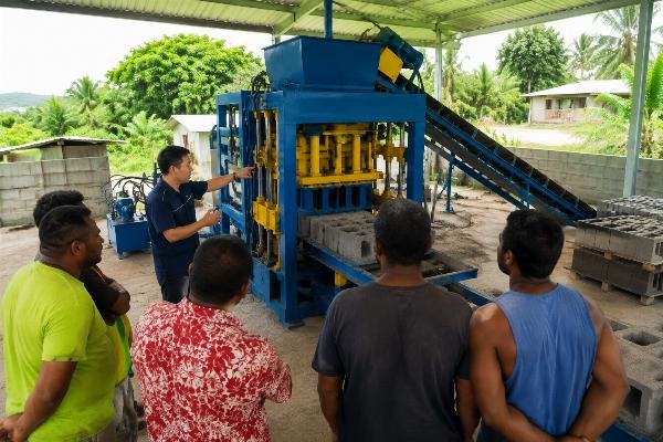 concrete block machine ROI Pacific Islands training and commissioning Engineer conducting on-site training for local workers on block machine operation in a Pacific Island setting