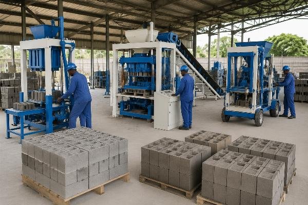 A decision matrix flowchart helping African investors choose between semi-automatic, fully automatic, and mobile block machines based on budget and daily demand