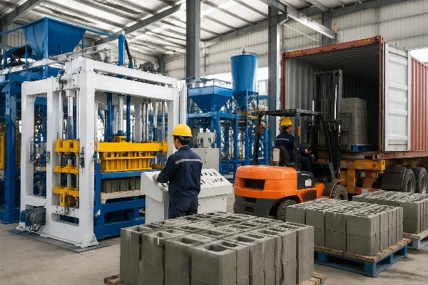 Concrete block machine factory and export operations