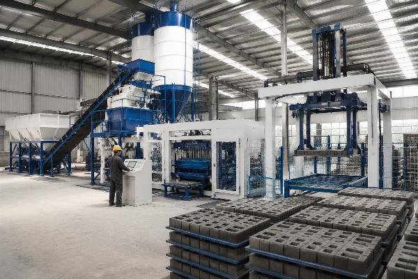 concrete block making machine manufacturer China concrete block production line supplier QTY12-15 fully automatic block making turnkey production line with cement silo, batching plant, and pallet stacker