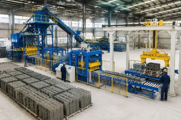 Production line layout showing mixer batching plant block machine and stacker