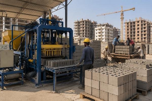 India block making machine supplier urbanization demand Urban construction site in South Asia using concrete blocks