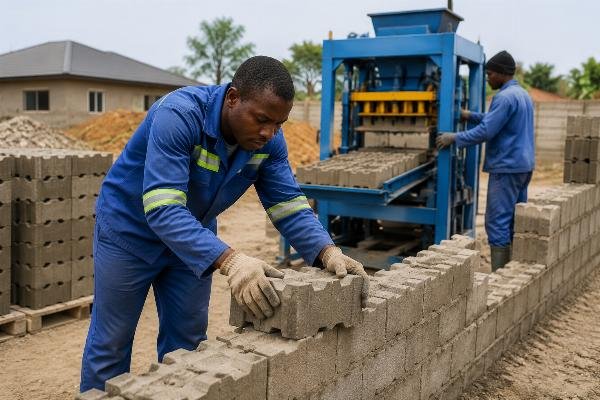 interlocking bricks Africa construction speed labor saving African workers dry-stacking interlocking bricks on a residential construction project