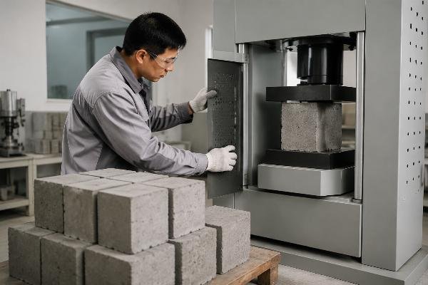 Concrete block compressive strength testing in a laboratory setting