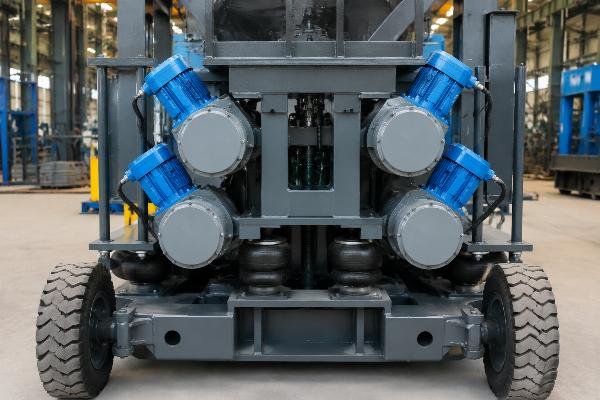 mobile block machine vibration system airbag 4 motors Close-up of 4-motor vibration system with airbag suspension on a mobile block making machine