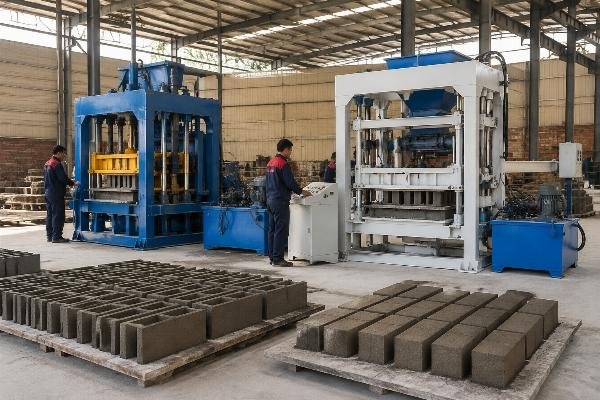 QT4-15 block machine vibration system compressive strength test Side-by-side compressive strength test results of QT4-15 versus single-motor block machine