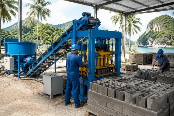 semi-automatic block maker for remote markets production line setup Semi-automatic block making machine with mixer and conveyor belt installed at a Pacific Island production yard