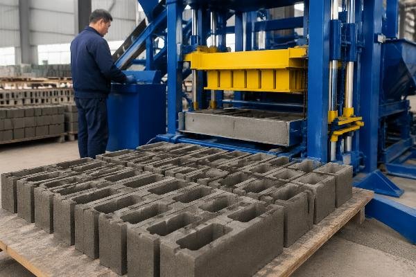 small-scale concrete block machine China block quality output Close-up of concrete blocks produced by a semi-automatic machine showing uniform density and sharp edges