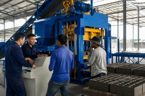 turnkey block machine commissioning and training Southeast Asia Chinese engineers training local operators on block machine production line