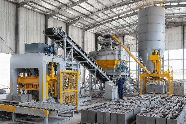 turnkey block production line Central Asia complete equipment configuration Complete turnkey block production line layout with silo, mixer, conveyor, and stacker