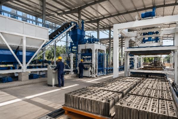 turnkey block production line single manufacturer integrated system Complete turnkey block production line with mixer, batcher, conveyor, and automatic stacker from single manufacturer