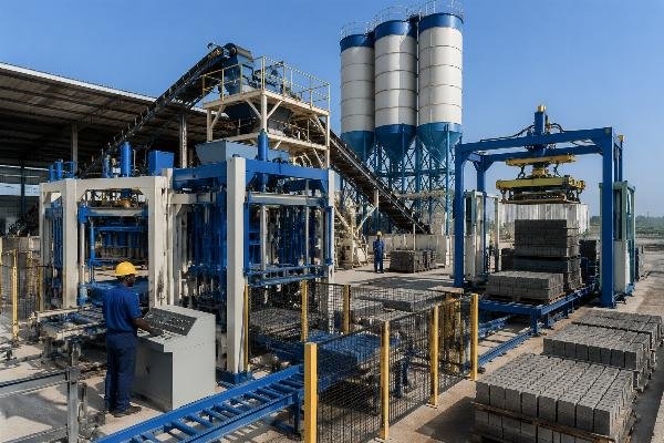 Turnkey paver block production facility with cement silos, batching plant, and automatic stacker