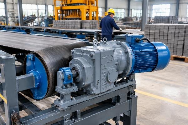 Assembly view of a matched motor and gearbox unit installed on a conveyor head pulley