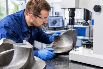 Close-up inspection of hardened alloy mixer blades undergoing DIN standard hardness testing in a European laboratory