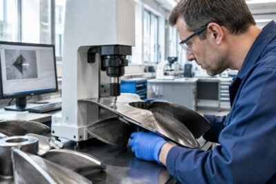 Close-up inspection of hardened alloy mixer blades undergoing DIN standard hardness testing in a European laboratory