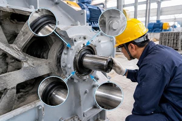 Close-up of a mixer shaft seal with annotation for inspection points