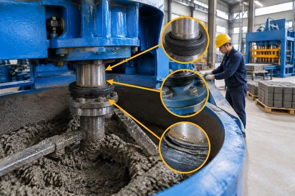 Close-up of a mixer shaft seal with annotation for inspection points