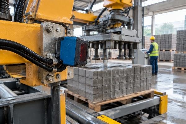 Close-up of a photoelectric sensor on a palletizer arm showing signs of moisture exposure in a humid environment
