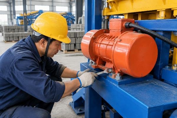 Close-up of a technician checking vibration motor mounting bolts on a block machine