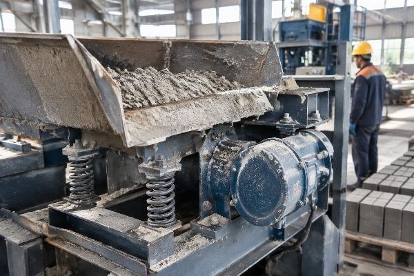 Close-up of a vibration feeder mechanism with visible signs of material buildup