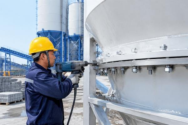 Close-up of bolted flange connections on a cement silo showing precision drilling