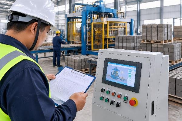 Close-up of customs documentation being reviewed against a standardized block palletizer control panel