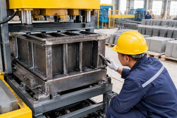 Close-up view of a heavy-duty mold assembly on a kerbstone making machine showing weld integrity and steel thickness